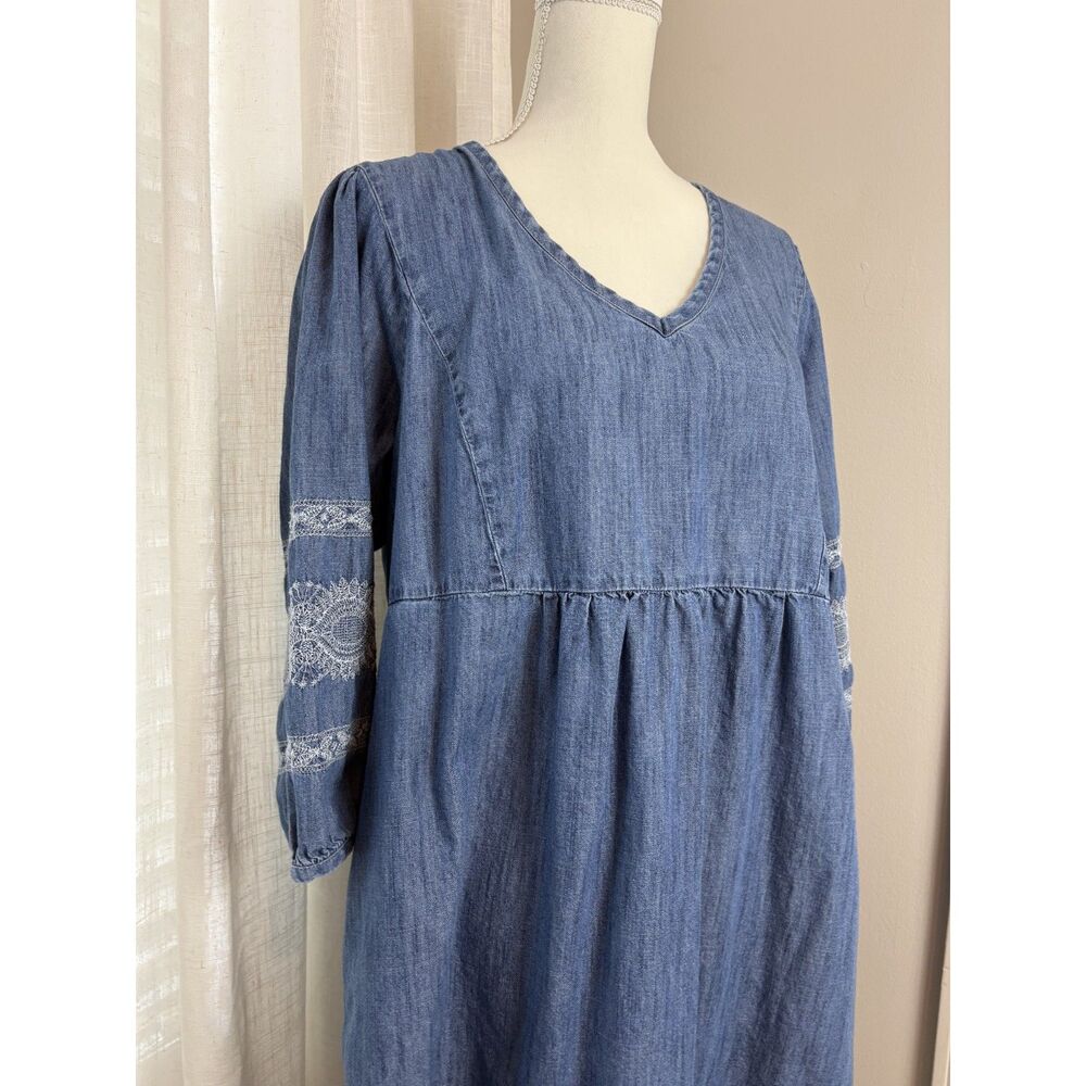 J Jill Denim Blue Jean Dress Embroidered  Summer Knee Length Dress Size Large L - Picture 3 of 8